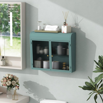 Army Green 2-Door Wall-Mounted Metal Storage Cabinet With Tempered Glass Doors & Shelves For Bathroom, Kitchen, Living Room & Office