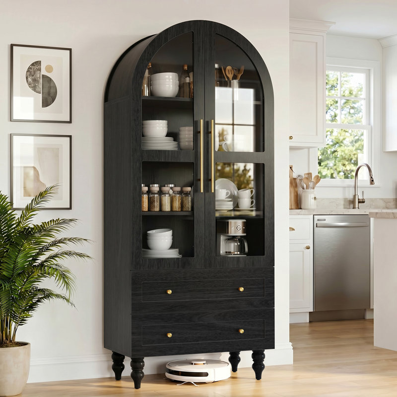  Armoire de rangement Kitchen Pantry - grande capacité, 2 tiroirs, quincaillerie dorée, Noir