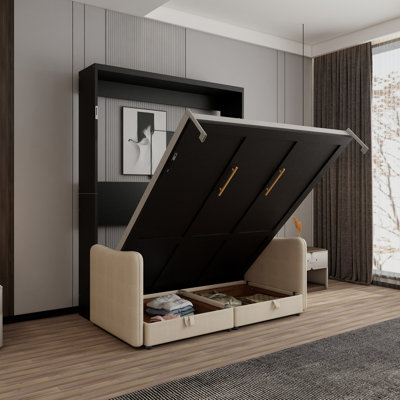 Canapé-lit escamotable facile à assembler, grand lit escamotable mural avec canapé pour le salon, structure de lit en métal gris, armoire noire, canapé beige
