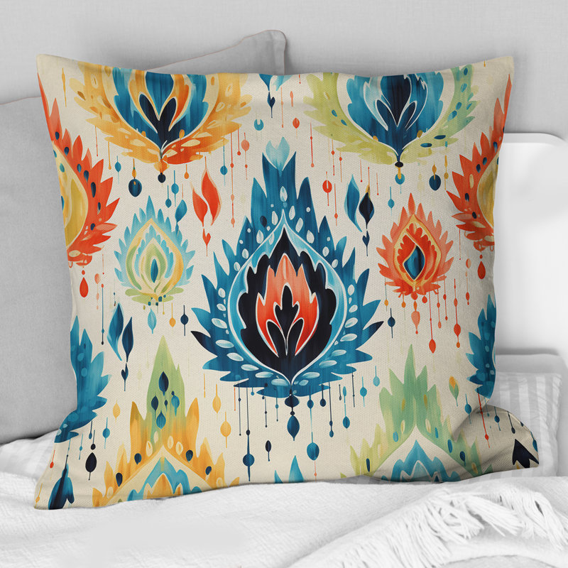 Bleu et orange Ikat Mosaic Fusion - Coussin abstrait Coral Reef Multicolore Azur, H 16 po x l 16 po