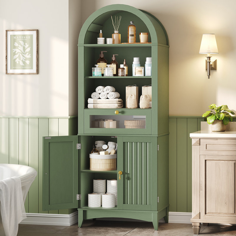 66.2" Tall Arched Bathroom Storage Cabinet with Flip Drawer and Shelves, Freestanding Storage Cabinet with Doors, Green