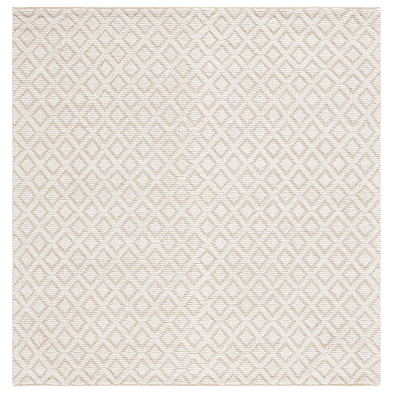Nystead Geometric Handwoven Flatweave Wool Area Rug in Ivory/Gold, Square 6'