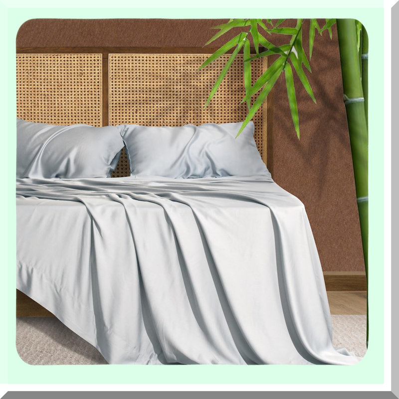 Rayon From Bamboo Bliss 400TC Queen Bed Sheet Set - Soft Silky Sateen Weave, Breathable Viscose Sheets, Deep Pocket Gray, Fits 8-16" Mattress - 4 Piece