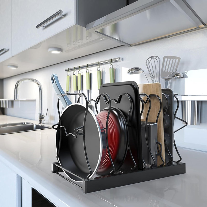 Double Sided Height Adjustable Pan Organizer Rack – 8 Compartment Pot & Lid Storage Holder Black
