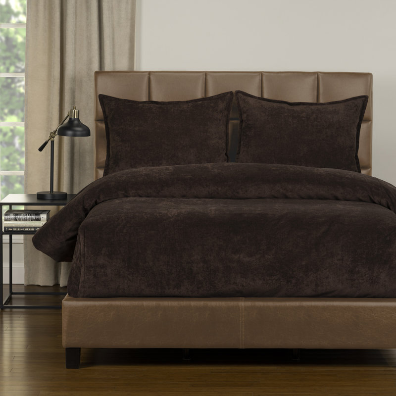 Mixology Velvet Bed Cap Comforter Set with Sewn Corners, Full Comforter + 2 Bed Shams, Coffee Bean
