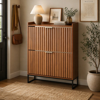 Armoire à chaussures avec 2 tiroirs rabattables, armoire de rangement pour chaussures Mid-Century avec dispositif anti-basculement, range-chaussures cannelé autoportant