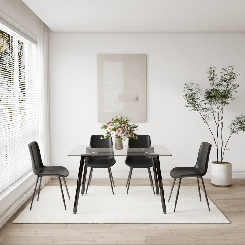 Keyala Glass Top Four Leg Dining Set, Black, 30" H x 51" L x 31.5" W, 5