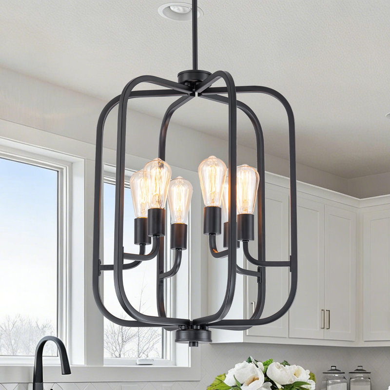 Black Cage Chandelier 6-Light, Matte Black Industrial Pendant Light, Adjustable 33"-89" Height, Modern Farmhouse Lighting for Dining Room Kitchen Island, ETL Listed