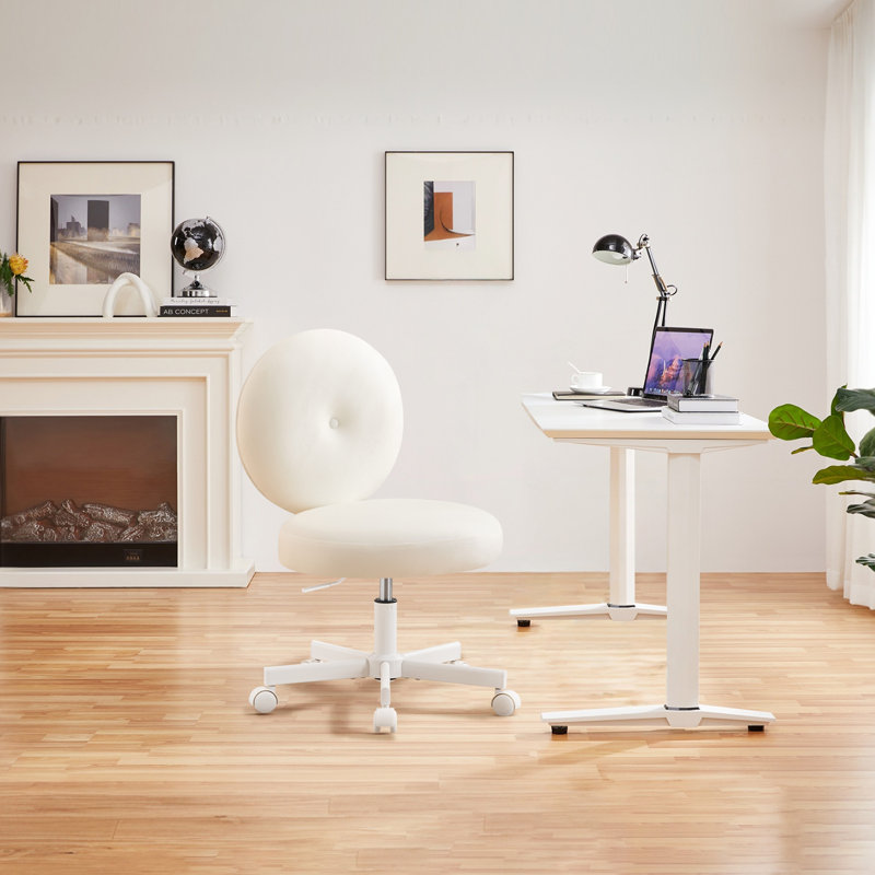 Upholstered Armless Velvet Vanity Chair, Ergonomic Height Adjustable Task Office Chair, White