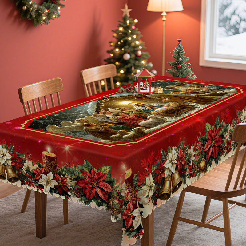 Machine-washable red Christmas Jesus design polyester tablecloth, 86.6" L x 70.8" W