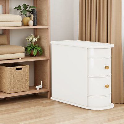 Table de bout étroite en chêne massif blanc cassé 10,81 po, table de chevet mince à 2 tiroirs entièrement assemblée, table d'appoint rétro pour petits espaces, salon, chambre à coucher