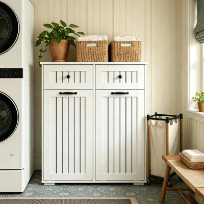 31.5" White Farmhouse Laundry Storage Cabinet Tilt-Out Laundry Basket Bathroom Cabinet Freestanding Bathroom Organizer with 2 Pull-Out Drawers & Removable Laundry Hampers