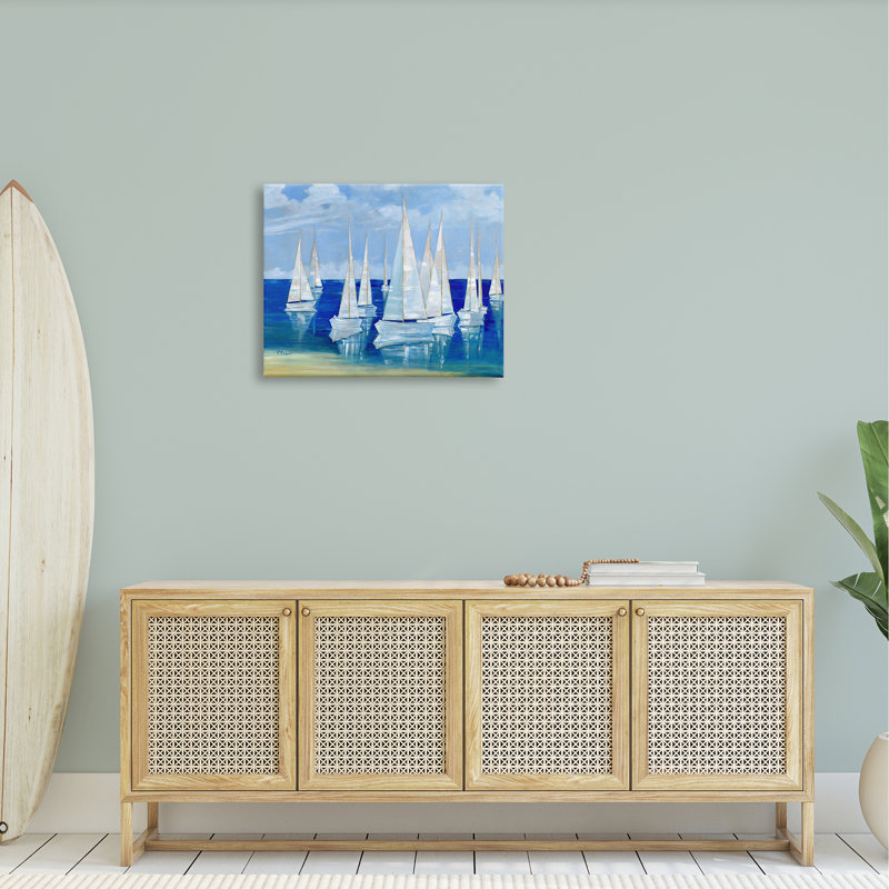 «Blanco Beach Voiliers Reflecting Coast» par Paul Brent - peinture sur toile tendue, H 24 po x l 30 po x P 1,5 po