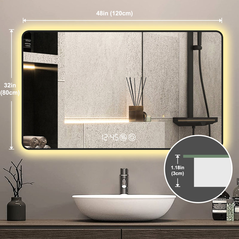 Miroir de salle de bain 48X32 avec lumières noir - Indication de la température du meuble-lavabo, 3 réglages de couleur, fonction de désembuage d'exposition