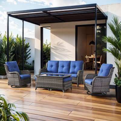 Bonia 7-Piece Outdoor Wicker Furniture Set with Swivel Rocking Chairs, Ottoman & Tempered Glass Table – All-Weather PE Rattan, Deep Seat Design, 360° Rotation