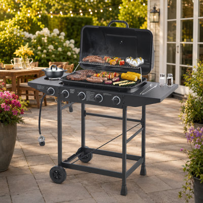 4-Burner Propane Gas Grill With Side Burner, Warming Rack, And Rolling Wheels (Propane Tank Not Included)