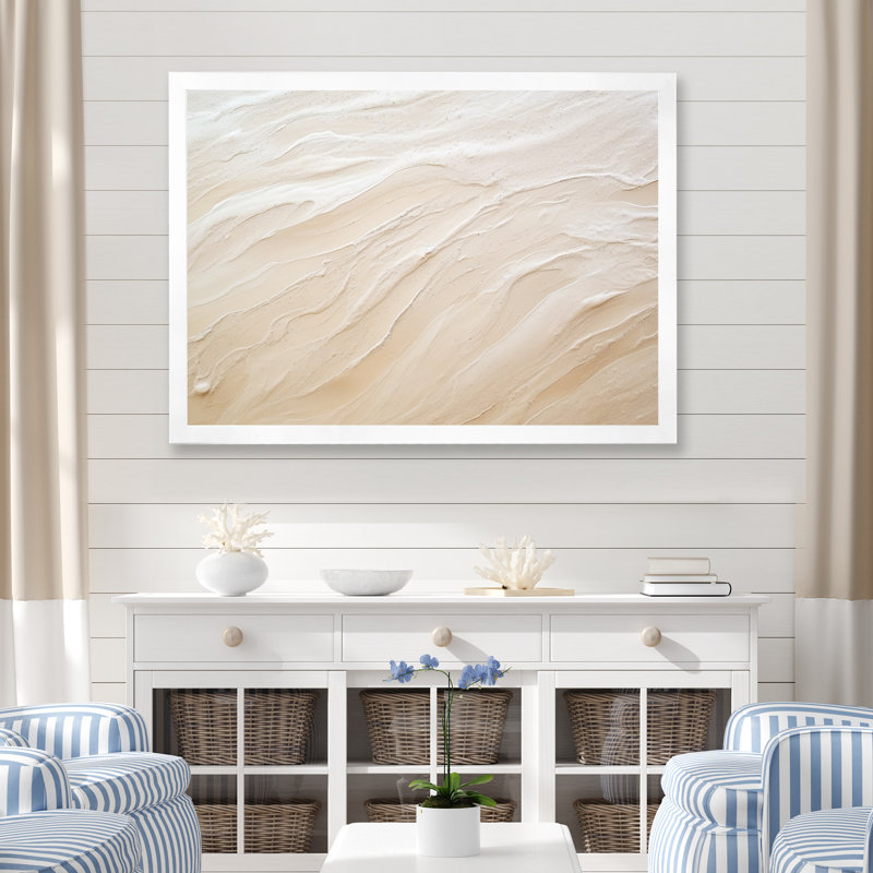 Charme moderne sable beige plage - art mural large sable de plage, Cadre photo blanc, H 16 po x l 32 po x P 1 po