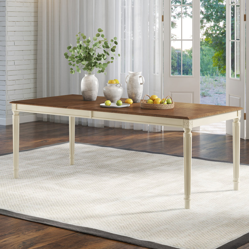 Farmhouse Rectangular Solid Wood Dining Table, Brown/White