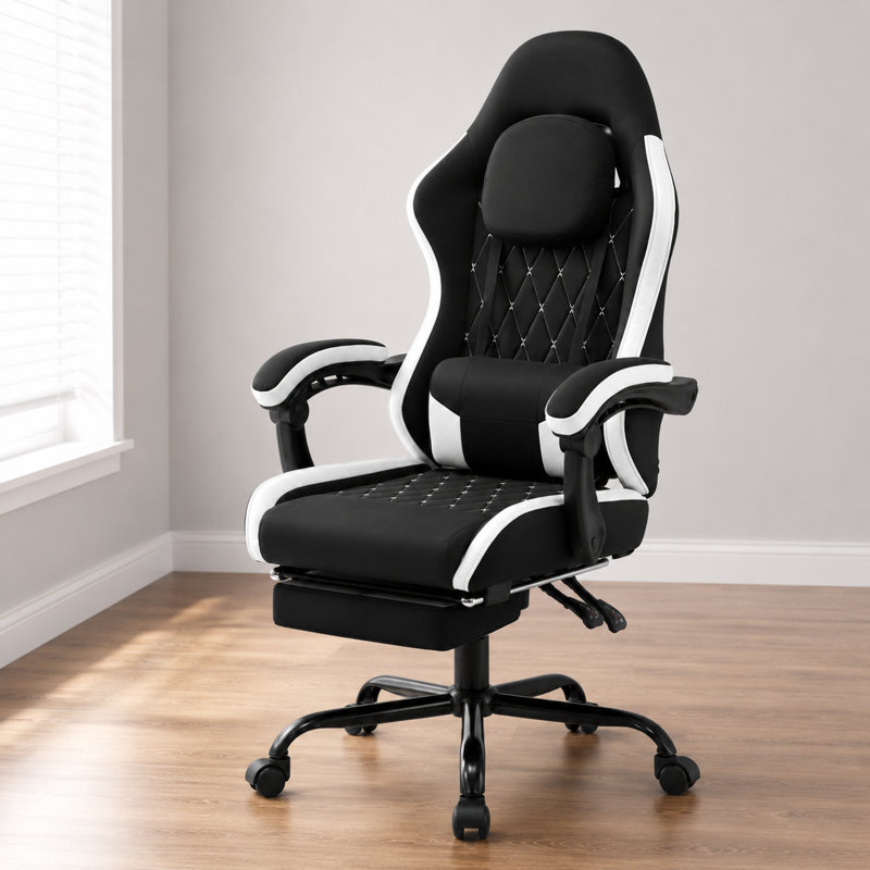 Fauteuil de jeu ergonomique avec repose-pieds, fauteuil pivotant inclinable à haut dossier, Black