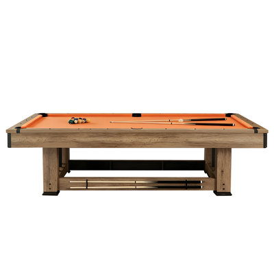 100.39" American Industrial Style Indoor Black Eight Pool Table, Orange Cloth, Marble Surface, Wood Grain Finish, Cue Storage