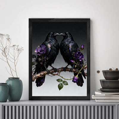 Black Framed Vintage Two kissing crows and purple flowers Wall Art Retro Style Framed Prints