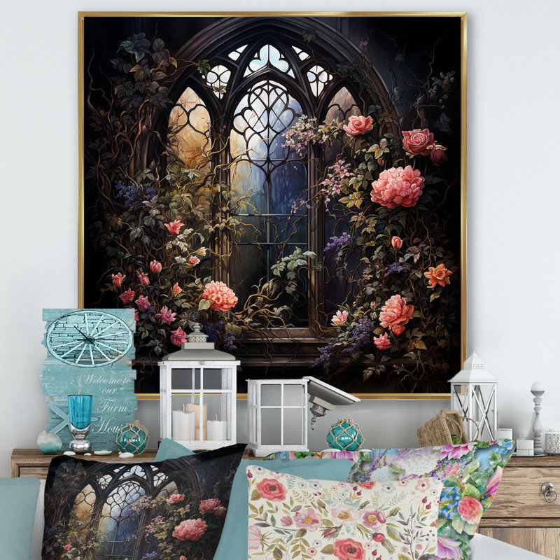 Floral floral gothique d'églises de fenêtre II - Art mural de fenêtre pour le salon, H 16 po x l 16 po x P 1 po