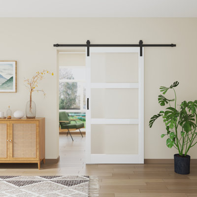 Glass and Manufactured Wood White Barn Door with Installation Hardware Kit