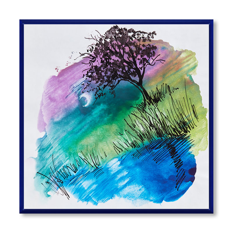 Silhouette d'arbre sur la berge la nuit - peinture sur toile, H 30 po x l 30 po x P 1 po, Cadre flottant bleu