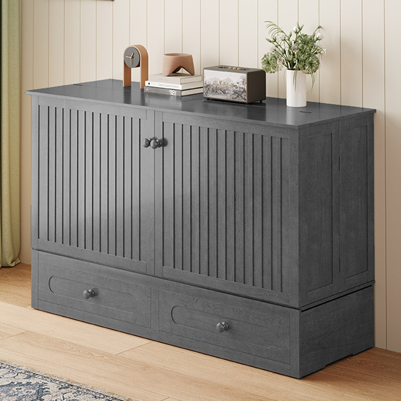 Armoire pour grand lit escamotable avec port USB, 2 tiroirs et matelas à trois volets, Gris