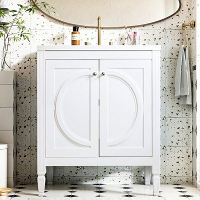 Meuble-lavabo moderne de 30 po sans assemblage requis au fini blanc mat, avec fermeture en douceur, compartiments à tiroirs et basculants, fabrication en bois massif, lavabo en céramique imperméable, détails bien pensés
