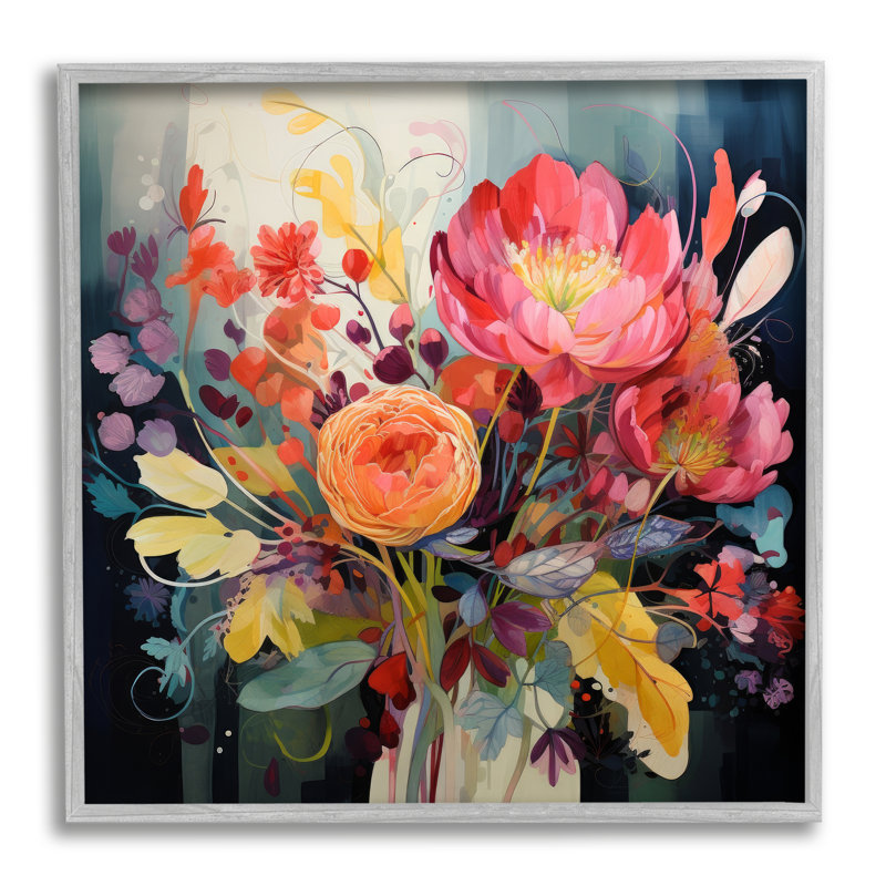 Bb-254 - Fleurs mixtes modernes encadrées sur bois, Estampe numérique Farmhouse, 12" H x 12" W x 1.5" D