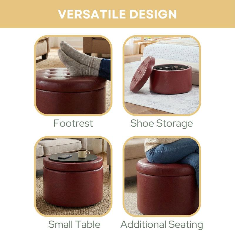 Stansell 22" Wide Tufted Round Storage Ottoman, Burgundy Faux Leather