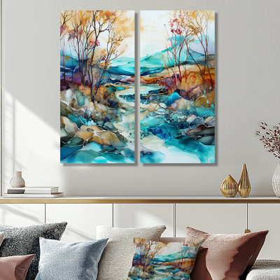 Turquoise And Brown Liquid Charm Landscape - Modern Art Prints On Canvas