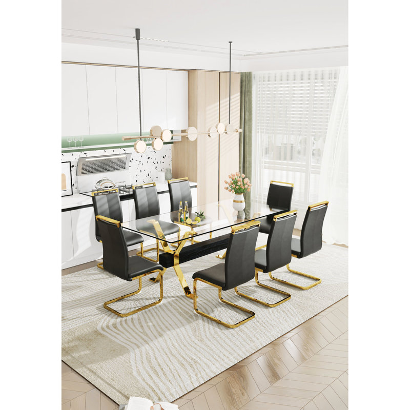 Large Table With Tempered Glass Surface, Crossbar And Metal Legs For Office Desk