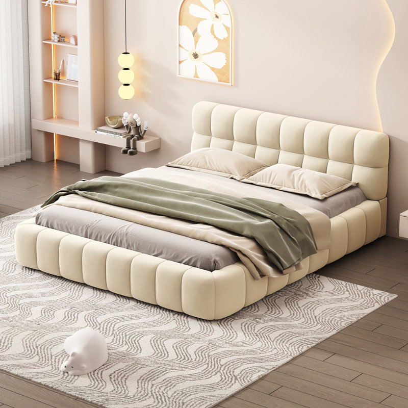 Grand lit plateforme tapissier avec tissu épais, Beige
