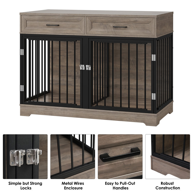 Chesterle Large Dog Crate Furniture Style With 2 Drawers And Divider, Gray