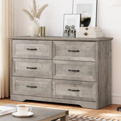6 Drawer Dresser, Wide Double Wooden Chest of Drawers with Silver Bow Tie Handles, Modern Farmhouse Dresser, Storage Cabinet for Bedroom, Living Room,