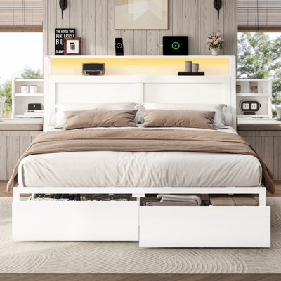 Queen Bed Frame with Storage Drawers & Headboard, Platform Bed with Led Light & Charging Station, White