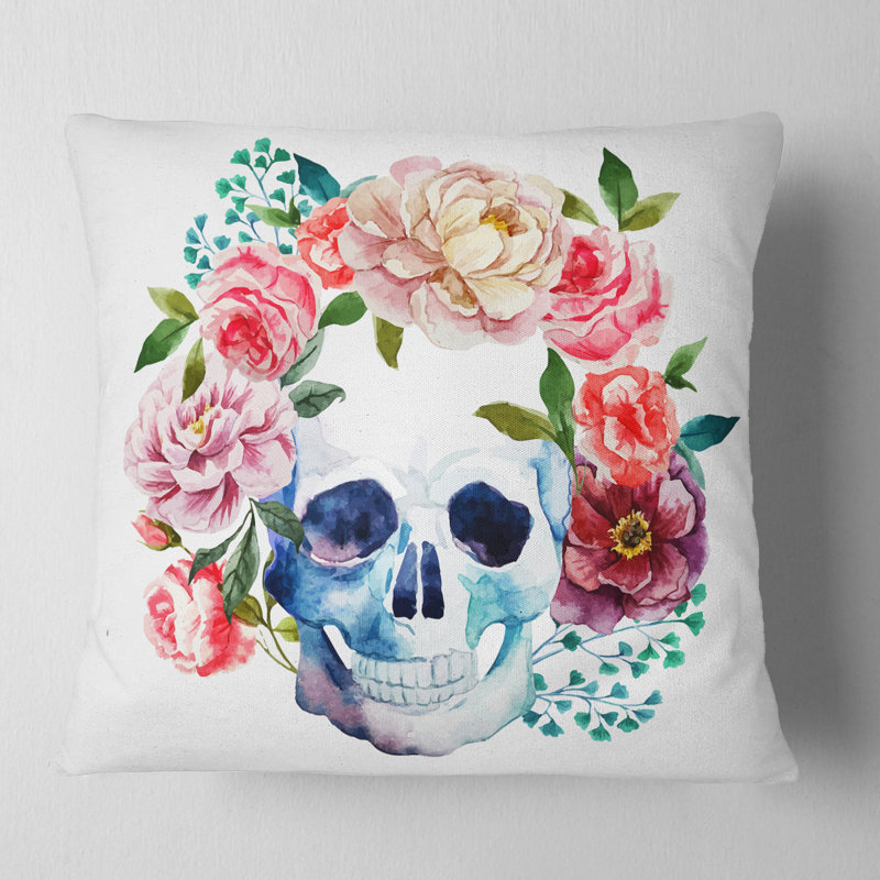 Art en forme de crâne de bouquet - Coussin décoratif imprimé contemporain, 18 po x 18 po, Carré