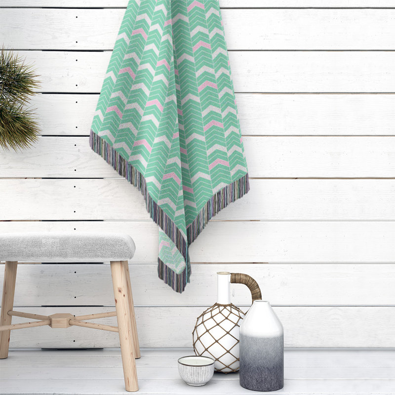 Couverture en coton tissé Rhonda, l 60 po x L 80 po, Vert et rose