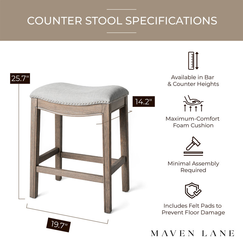 Adrien Reclaimed Oak Backless Saddle Counter Stool with Grey Fabric Upholstery
