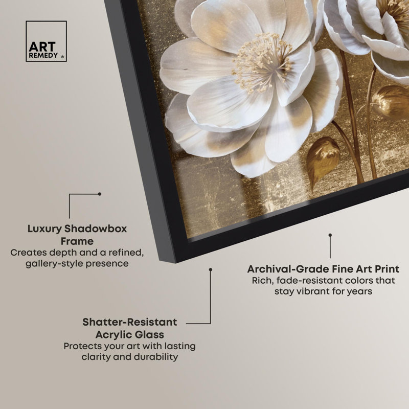 «In Bloom», impression florale dorée par Art Remedy, H 46 po x l 37 po, Noir