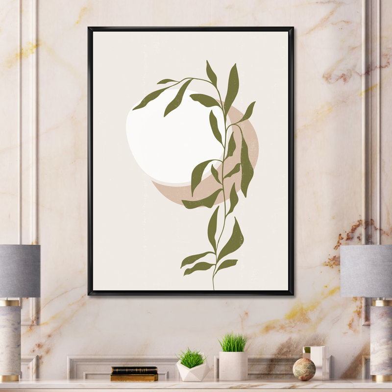 Abstrait soleil et lune avec feuille verte III - Impression sur toile, H 40 po x l 30 po x P 1 po, Toile avec cadre noir