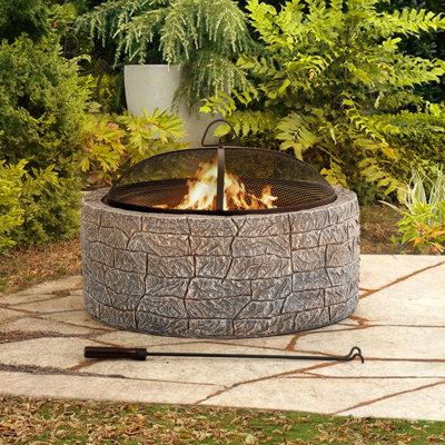 Sunjoy Aesir 26 inch Fire Pit for Outside, Outdoor Stone Wood Burning Fire Pits with Steel Mesh Spark Screen and Fire Poker, Large Bonfire for Patio and Backyard