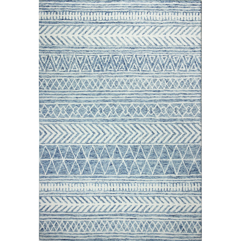 Handmade Blue and White Wool Tufted Rectangular Rug