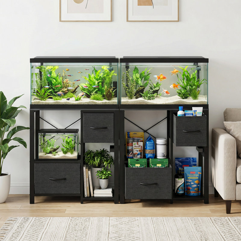 Support d'aquarium avec prise de courant, support d'aquarium robuste en métal avec tablette ouverte et 2 tiroirs en tissu pour le bureau personnel, le salon, 400 lb, noir