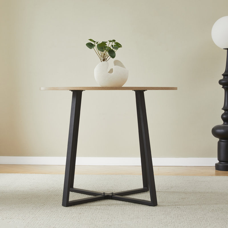 Otrange Round Metal Base Dining Table, Natural Wood