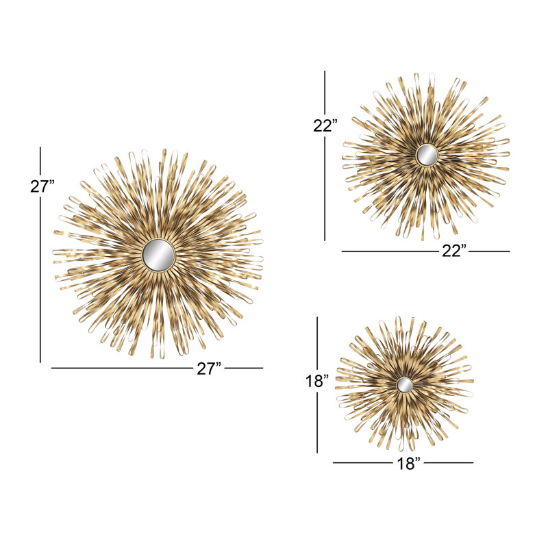 Gold Sunburst Round Metal Wall Mirror Set