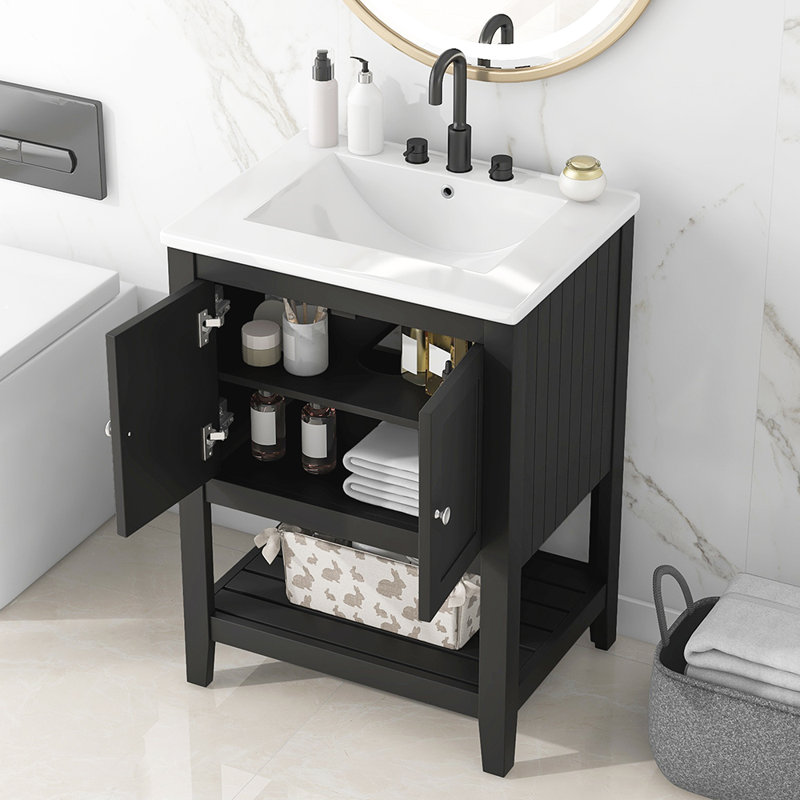 Meuble-lavabo moderne en céramique avec cadre ouvert en bois massif, Noir, noir, noir, noir