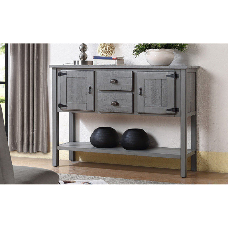 Console 48 po gris antique en bois massif avec tablette inférieure et tiroirs, pour la cuisine et la salle à manger